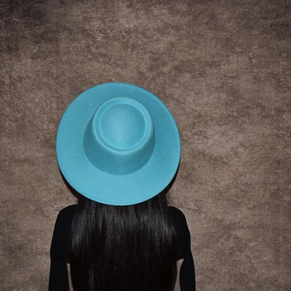 Turquoise Large Wide Brim Fedora Hat - Picture 3 of 8